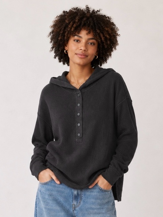 aerie Tops - Aerie Textured Henley Hoodie Charcoal Oversized 100% Cotton Size M